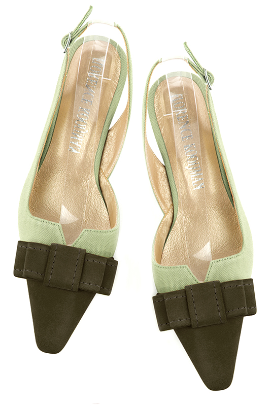 Khaki green women's open back shoes, with a knot. Tapered toe. Low kitten heels. Top view - Florence KOOIJMAN